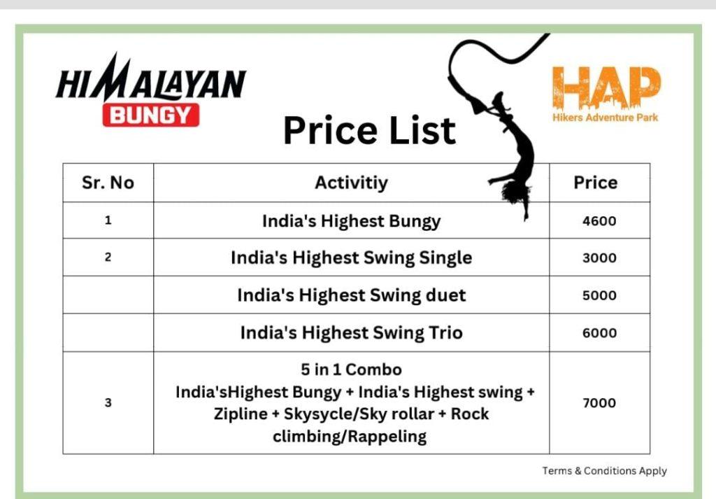 Himalayan bungee price list 2024